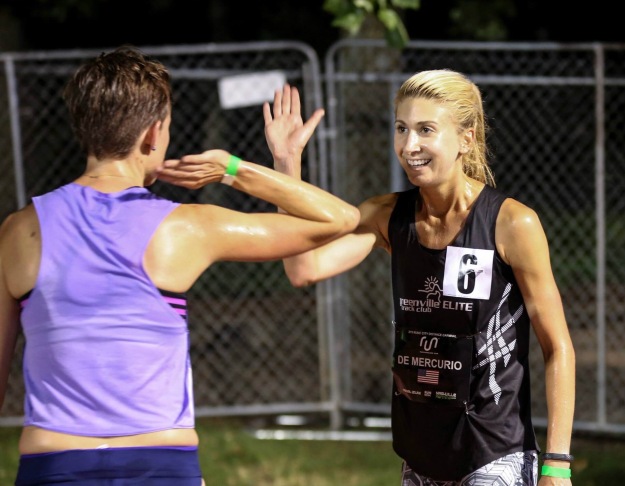 Post-race high fives. This gal set a huge PR and won in 16:15. Just being there, being part of this world  again is exciting. Stoked for her.